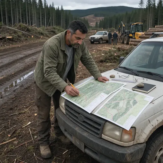 a planner reviewing large timber harvest maps spread across the hood of a pickup truck at a remote landing site