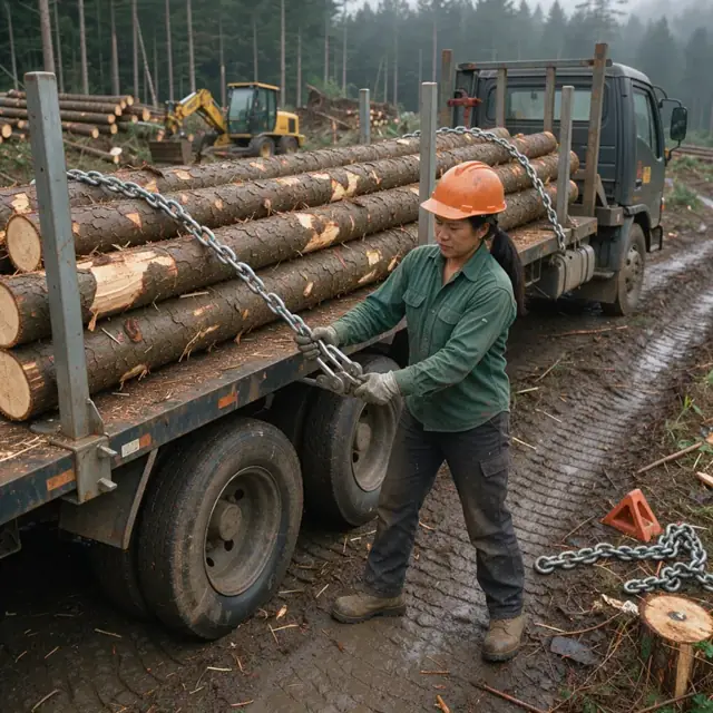 a log truck driver securing chains over a loaded trailer of long timber at a forest landing before heading to the mill