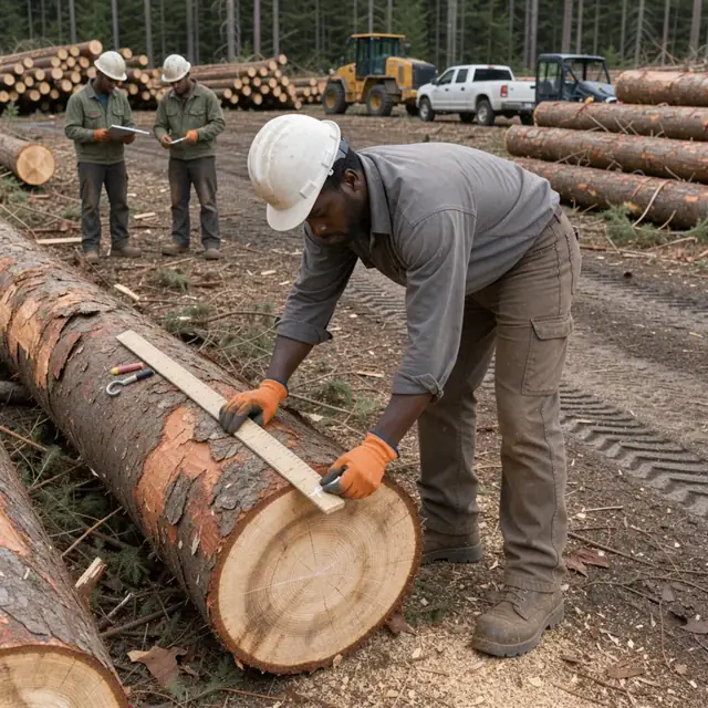 a worker measuring and marking a large log with a scale stick on a cleared landing surrounded by decks of timber