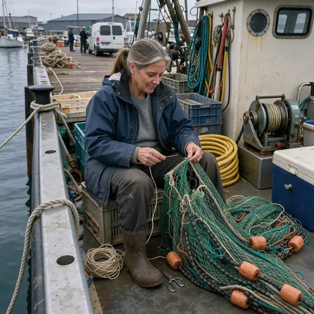 a crew member mending torn netting with twine and needles on the deck of a fishing boat tied to a pier