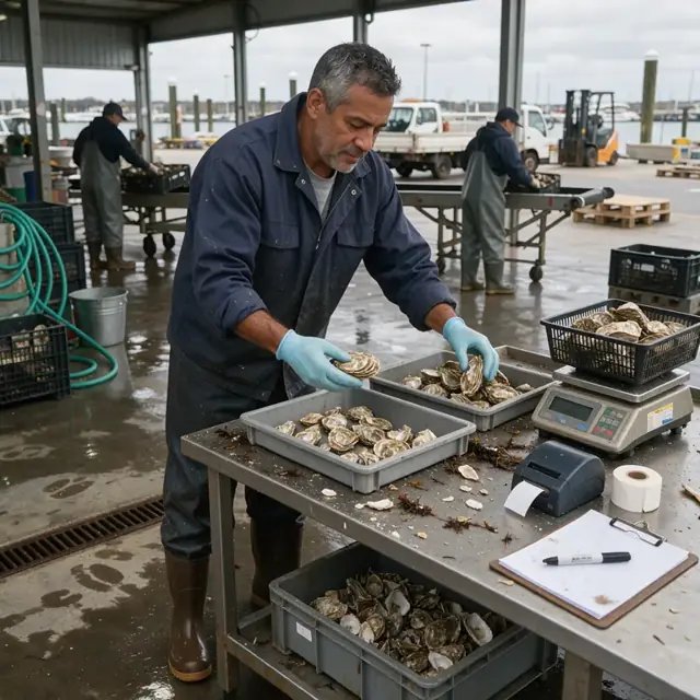 a worker at a dockside grading station sorting shellfish by size and quality next to a scale and tag printer