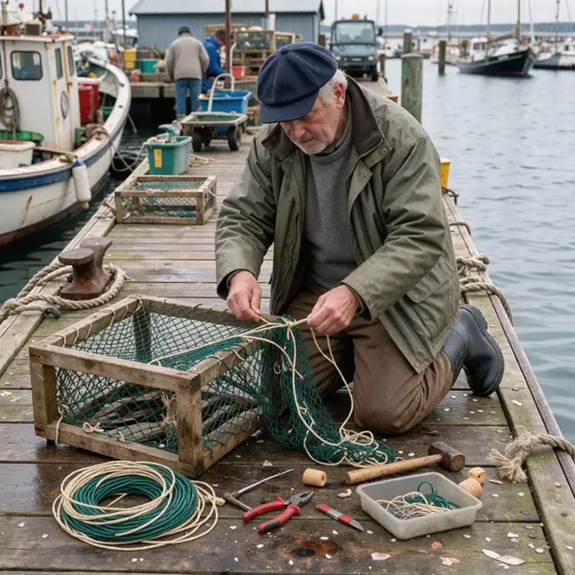 a fisherman repairing netting on a wooden trap at the edge of a dock with tools and spare line spread on the planks