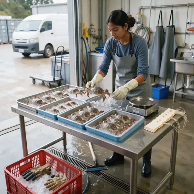 a worker at a processing table sorting crabs by size into chilled totes beside a scale and stack of shipping tags