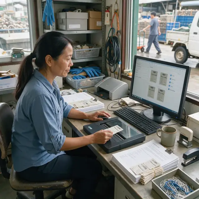 a person at a desk compiling digital harvest records and attaching digital copies of shellfish tags to regulatory forms