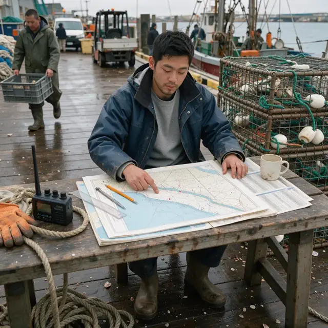 a captain at a dockside table reviewing nautical charts and tide tables next to a weather radio and stack of crab pots