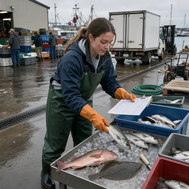 a dock worker sorting fresh catch into bins while reviewing a printed buyer order list
