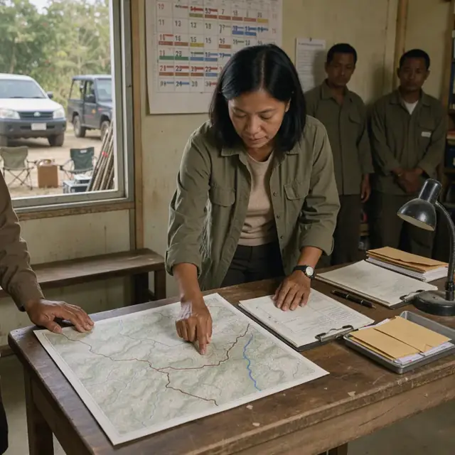 a wooden desk with open maps and license applications beside a wall calendar marked with seasonal hunt windows