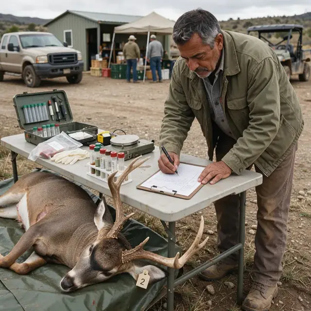 a guide at a field station filling out a harvest report on a clipboard next to a tagged game animal and sample vials