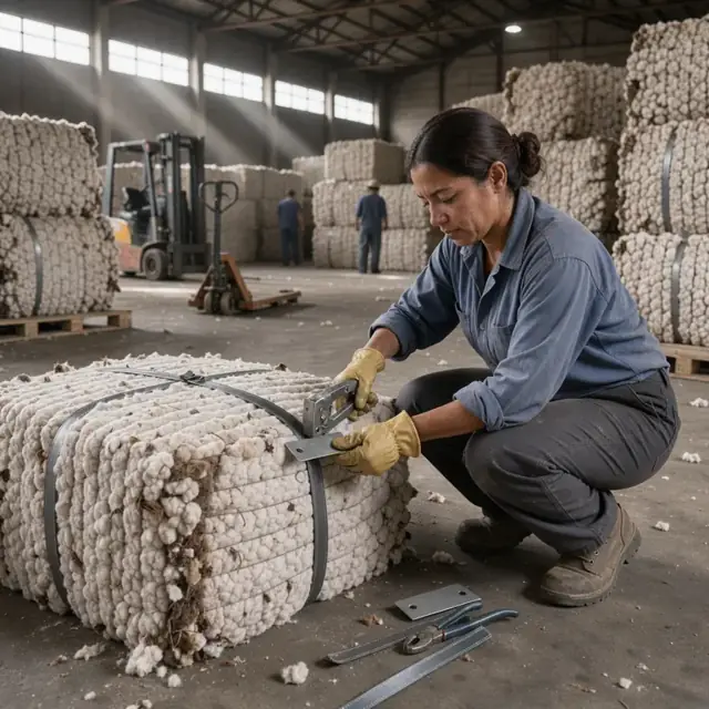 a worker attaching a metal tag to a tightly compressed rectangular cotton bale inside a dimly lit warehouse filled with stacked bales