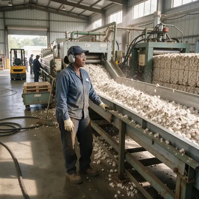 a worker watching a steady stream of white cotton fiber moving from the gin stand toward the press in a noisy industrial gin building