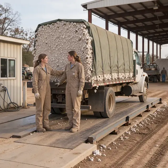 a worker in coveralls standing beside a large cotton module on a flatbed truck at the entrance scale of an open-sided gin yard