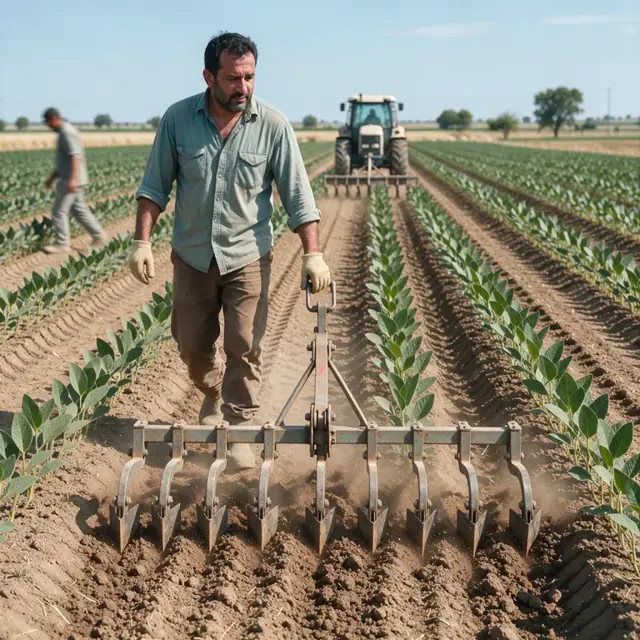 a cultivator with multiple shovels working between rows of young soybean plants on a clear day with the tractor visible in the distance
