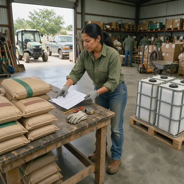 a worker in a farm shop checking stacked seed bags and fertilizer totes against a printed inventory sheet on a workbench