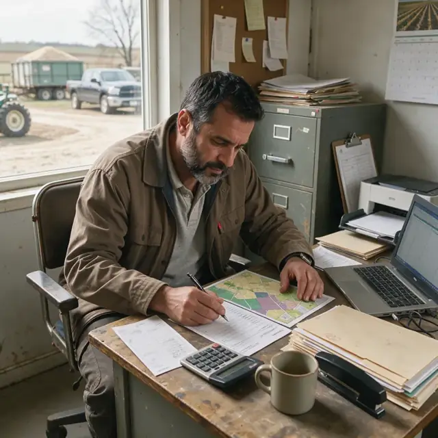 a manager at a desk in a rural office reviewing printed yield maps and load tickets while preparing an invoice