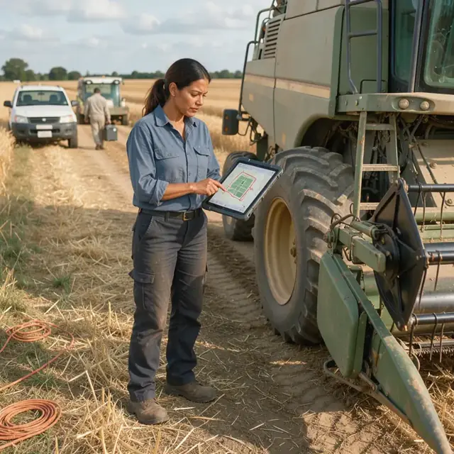 a fleet manager standing beside a large combine in a field edge using a tablet to mark route sequences on a digital map