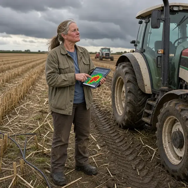 a crew chief in a field looking at storm clouds on the horizon while checking a tablet weather app beside a parked tractor