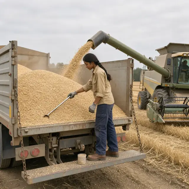 a worker standing at the back of a grain truck taking a sample from the load with a probe while a combine unloads nearby
