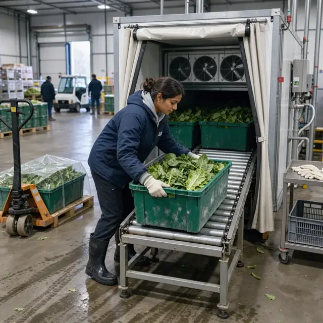 a worker placing a bin of leafy greens into a forced-air cooling tunnel inside a refrigerated warehouse