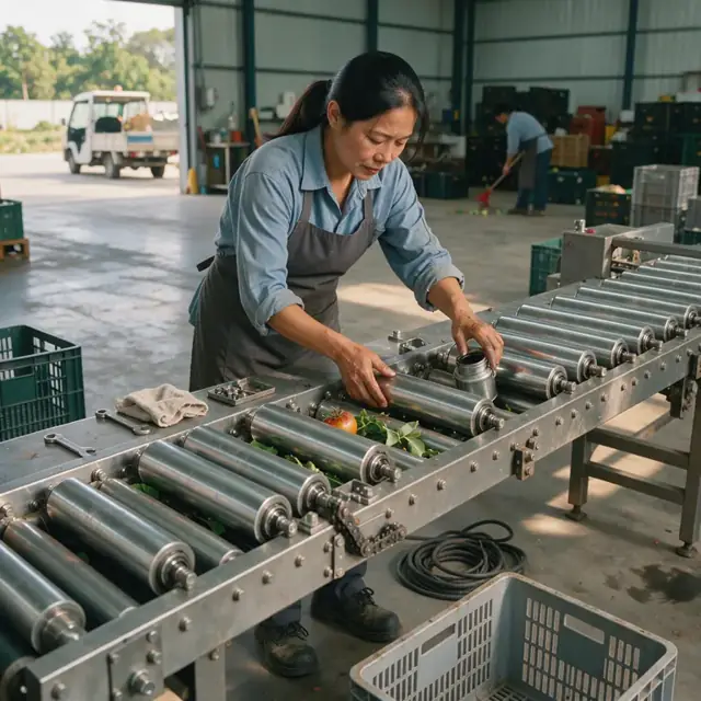 a worker lubricating and inspecting rollers on a stainless steel produce grading conveyor at the end of the workday