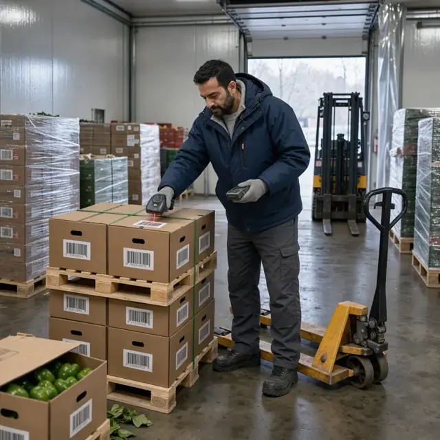 a worker scanning barcodes on stacked pallets of boxed produce inside a cold storage room