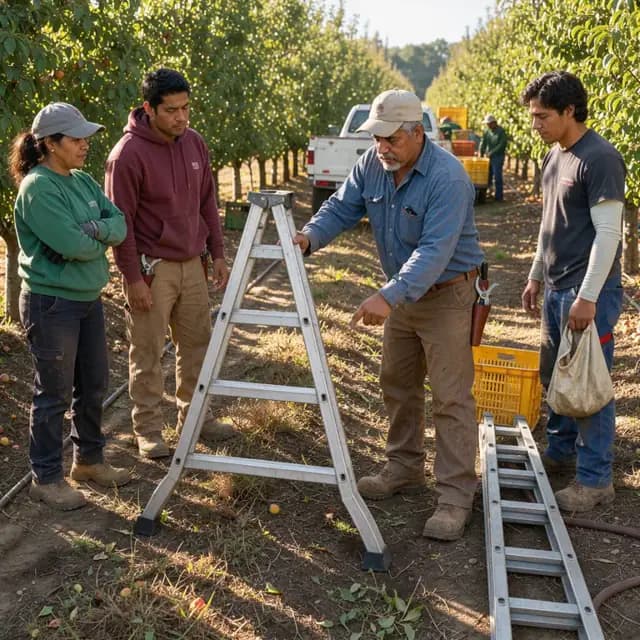 a crew leader demonstrating proper ladder placement while workers watch in an orchard row at the start of a shift