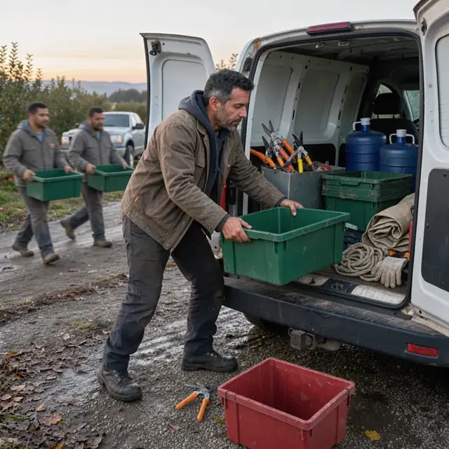 a crew leader loading pruning shears, harvest bins and water coolers into the back of a white work van at dawn