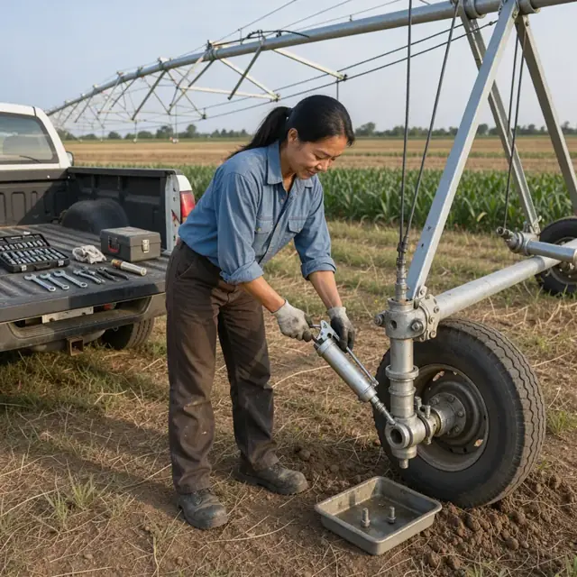 greasing a pivot irrigation system in an open field with tools laid out on the tailgate of a service truck