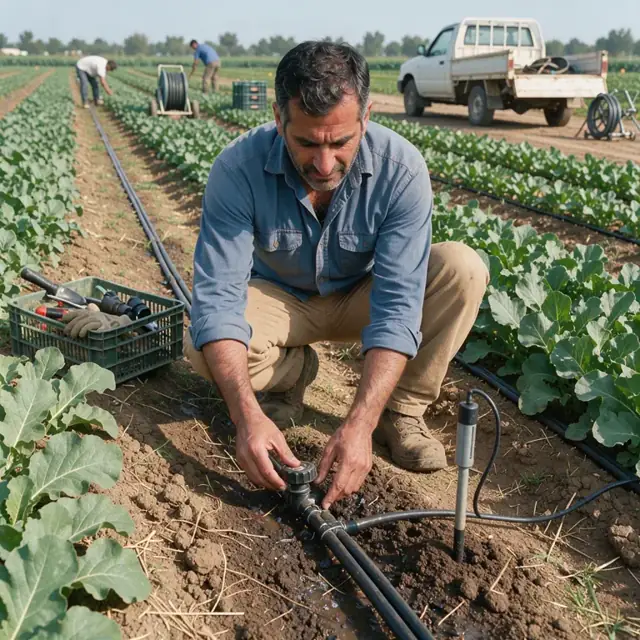 in a field adjusting a drip irrigation valve with a soil moisture probe inserted in the ground beside rows of leafy crops
