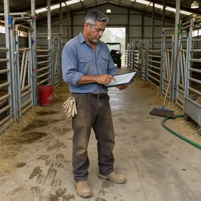 a worker examining a tablet chart while standing in a barn aisle with empty livestock handling equipment in the background