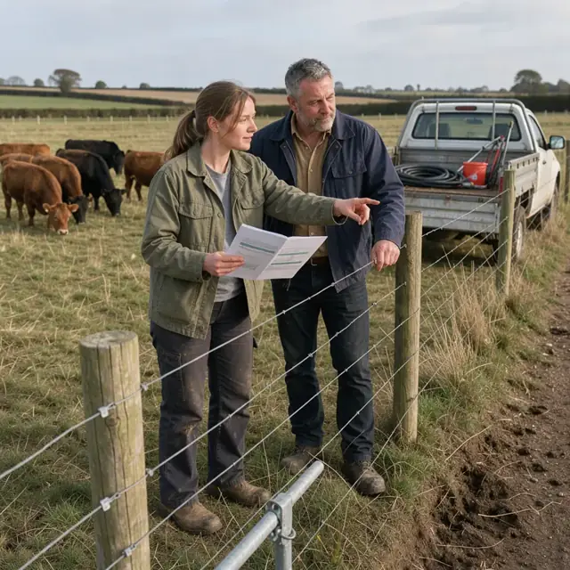 a worker standing at a fence line reviewing a printed report with a client while pointing toward a group of grazing livestock in the distance