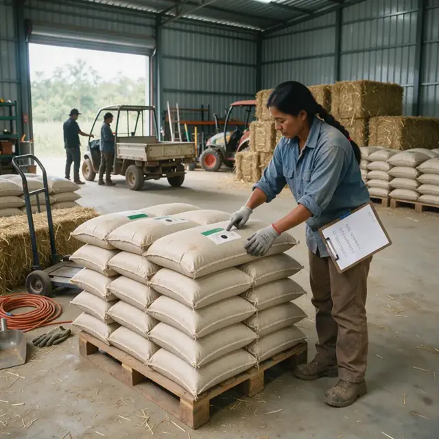 a worker counting bags of feed and checking labels inside a large metal storage shed with stacked hay bales nearby