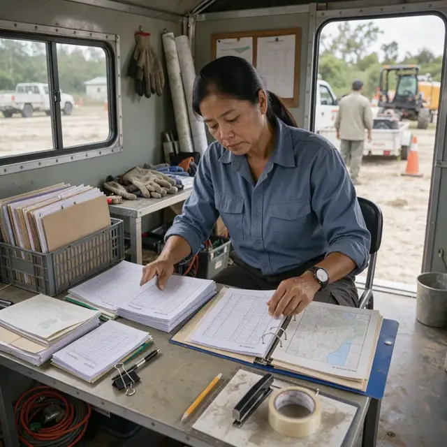 a worker at a field trailer desk organizing stacks of daily time sheets, fuel logs and printed treatment maps into project folders