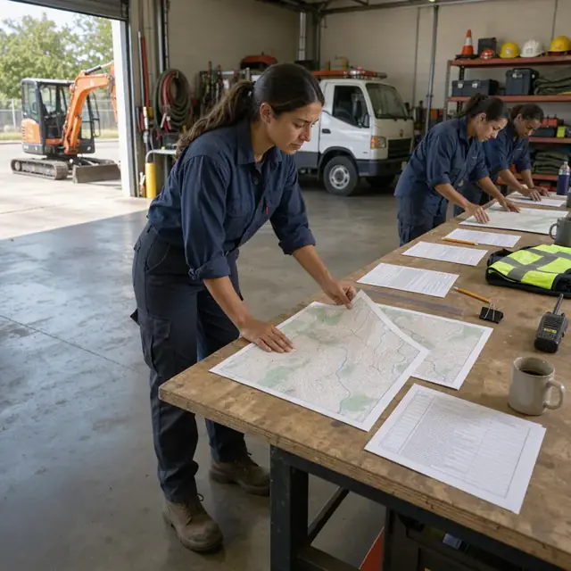 a worker reviewing printed topographic maps and request documents spread across a large planning table