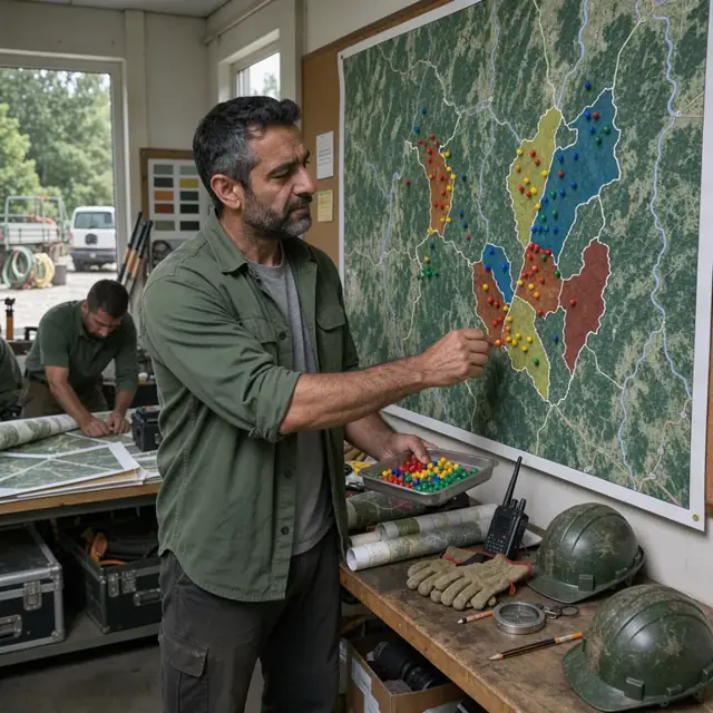 a worker marking colored pins on a large wall map showing active treatment units and crew locations in a regional forestry office