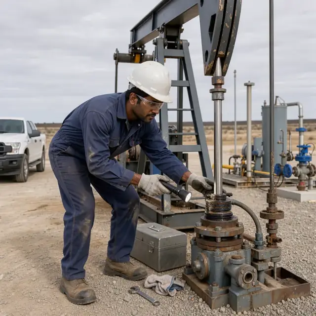 a mechanic in a hard hat inspecting the polished rod and stuffing box on a beam pump at a remote well pad