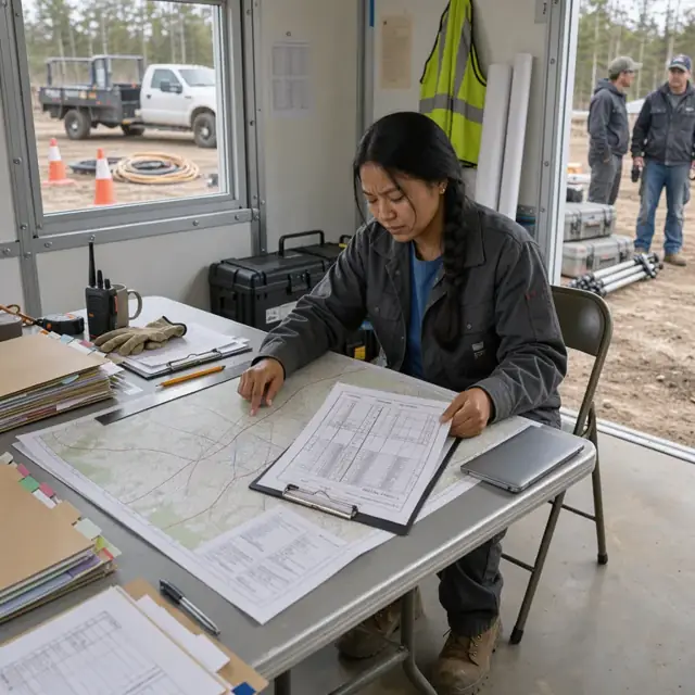 a technician at a folding table inside a portable field office reviewing stacked permit folders and well plats spread across a map