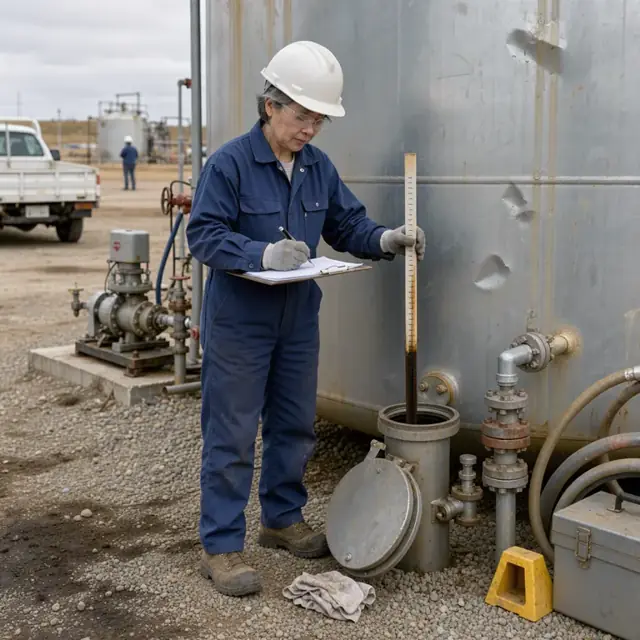 a pumper in coveralls standing beside a steel production tank using a gauge stick to measure fluid level while writing on a clipboard