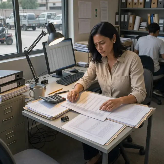 an accountant at a desk reviewing printed production reports, ownership decks and royalty statements under a desk lamp