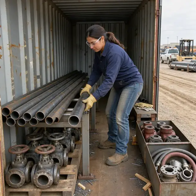 a worker organizing steel tubing, valves and chokes inside a metal storage container at an oilfield supply yard
