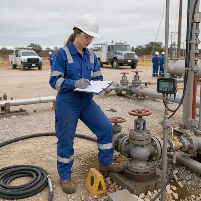 a worker in flame-resistant coveralls standing at a wellhead writing pressure and temperature readings on a clipboard next to a digital gauge
