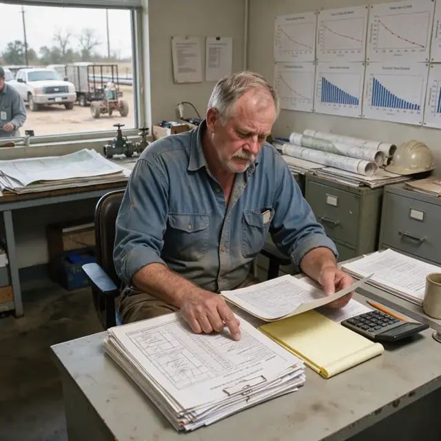 a land technician reviewing a stack of lease and division order documents at a desk with well production charts on the wall