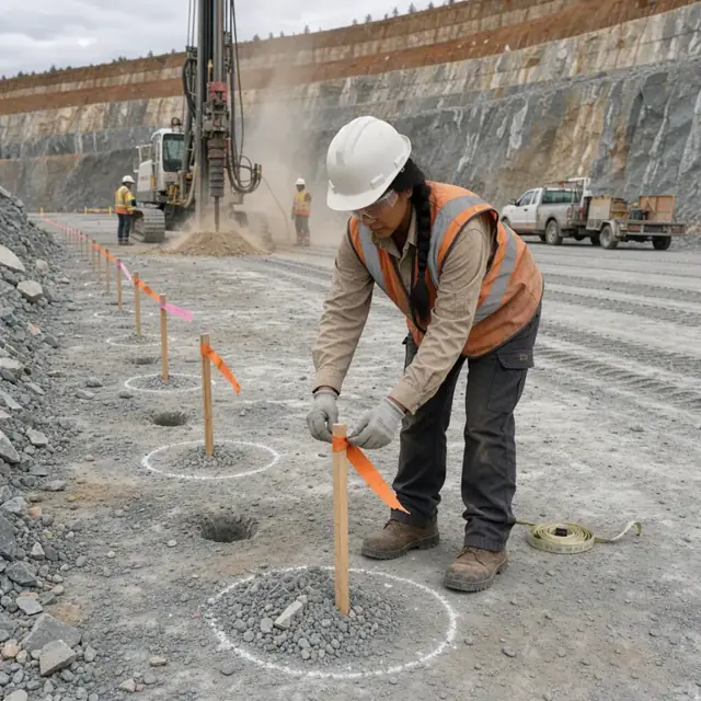 marking drill hole locations with stakes and flagging on a highwall with a drill rig operating in the background