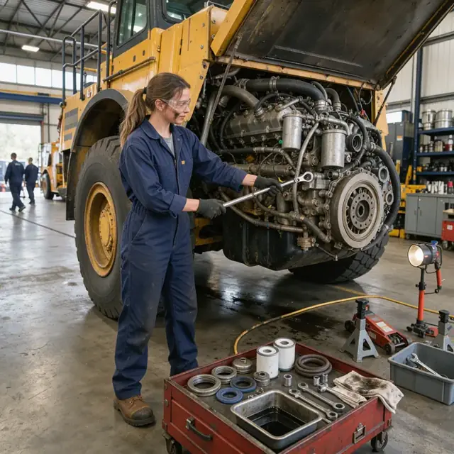 performing service on a haul truck engine inside a large equipment maintenance shop with parts laid out nearby