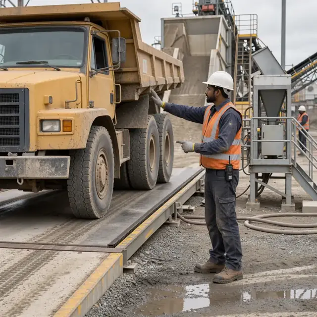 guiding a large haul truck onto a weigh scale at the loadout facility with a sampling station visible nearby