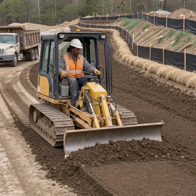 operating a dozer spreading topsoil across a regraded area with erosion control measures visible