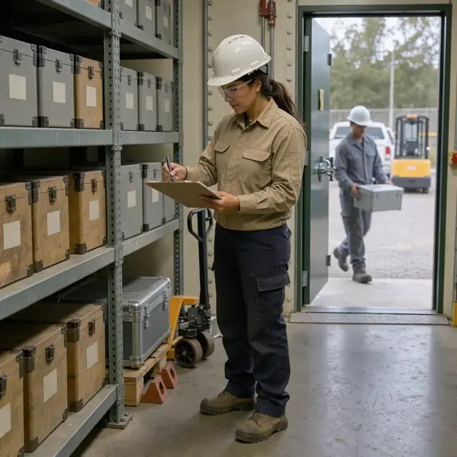 checking levels in a secure explosives magazine and updating an inventory clipboard