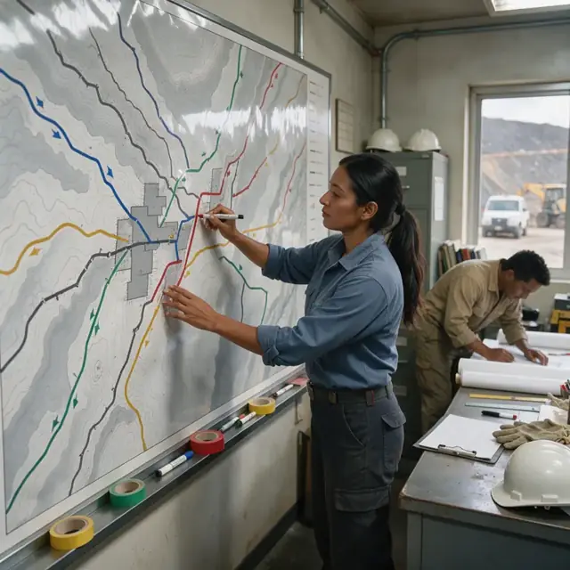 a worker updating a large color-coded mine map on a wall inside the mine office showing current workings and ventilation routes