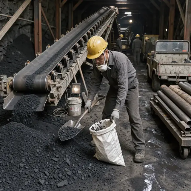 a worker collecting a coal sample from a conveyor belt discharge with a shovel and sample bag in an underground coal mine