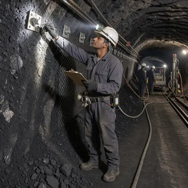 a worker in coveralls and hard hat shining a cap lamp on a rock bolt plate while writing on a clipboard deep inside a coal mine entry