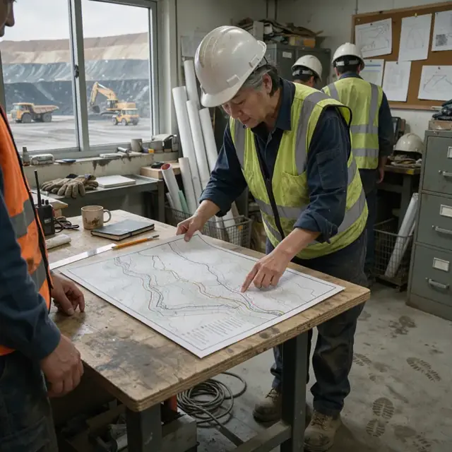 a worker reviewing a large paper mine map spread across a table inside a surface mine office wearing a hard hat and reflective vest